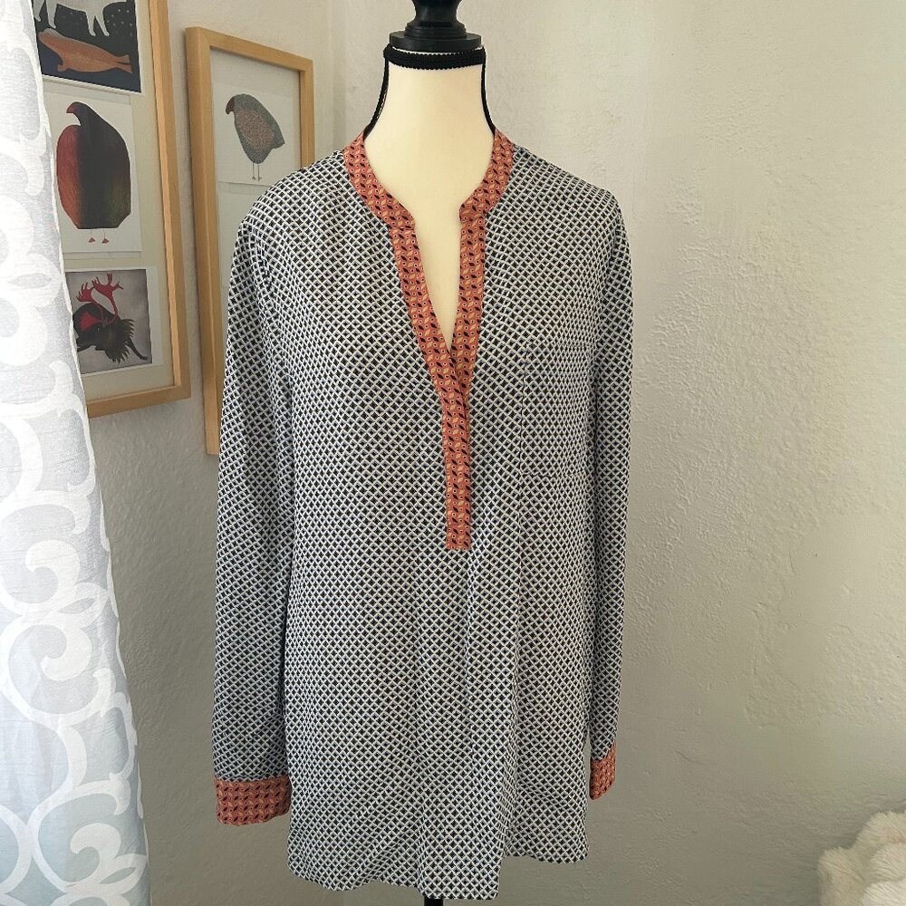 Joie 100% Silk Tunic Blouse Large Blue, Navy, White